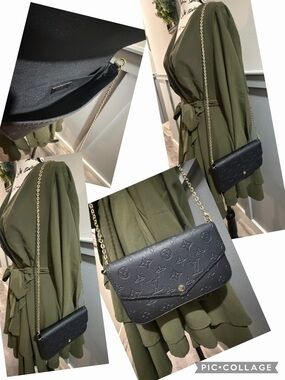 Black Embossed Monogram Crossbody Bag with Gold Chain